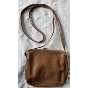 Vintage Barganza Crossbody Purse Bag Brown Genuine Leather Embossed Floral